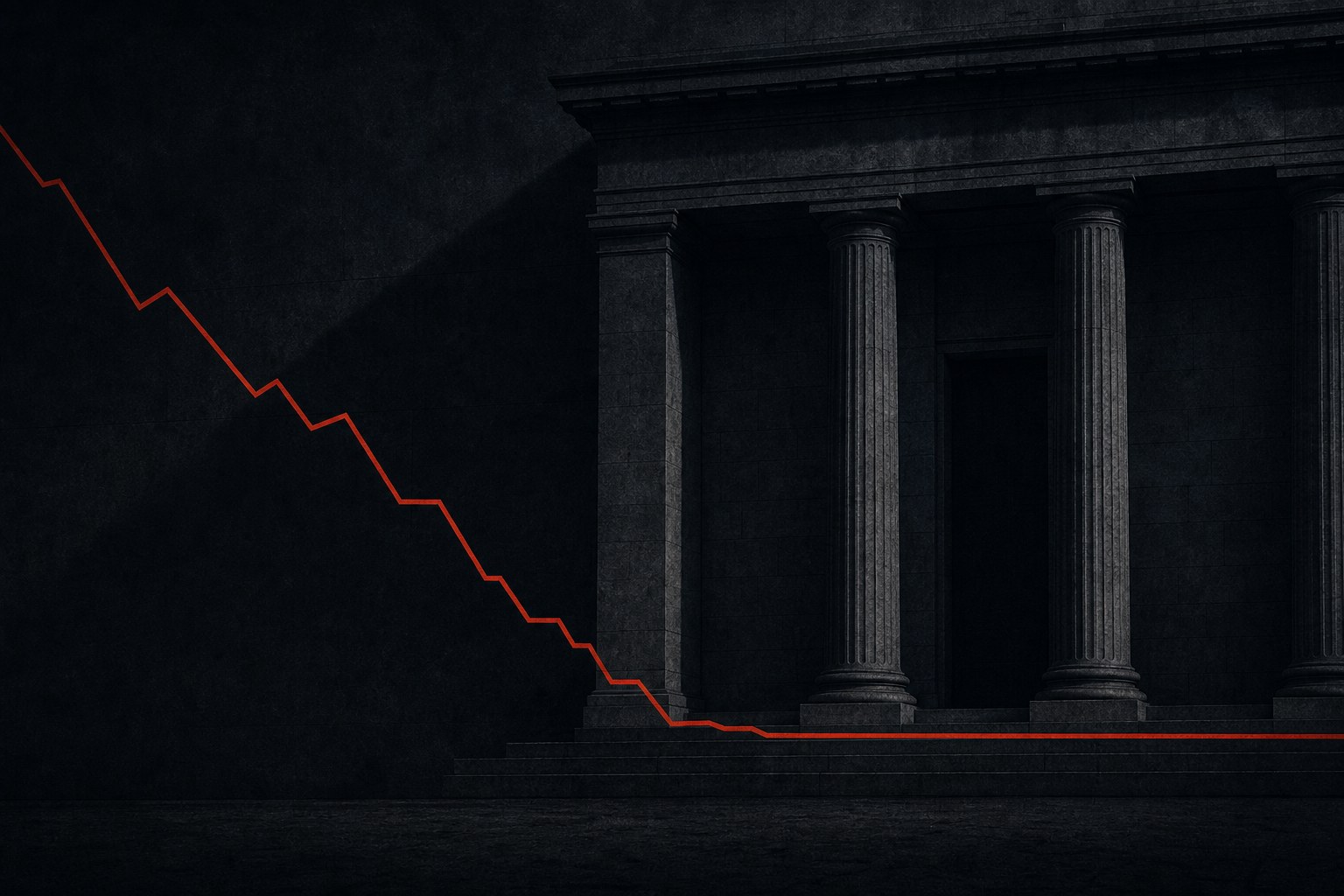 Ilustração editorial escura: uma linha vermelho tijolo que desce e se achata diante de uma fachada monumental de pedra em sombra